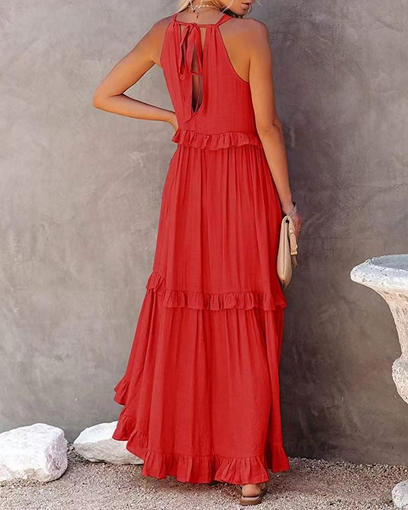 Elegant Women's Apricot Ruffle Edge Long Mop Floor Dresses Summer Fashion Hangin