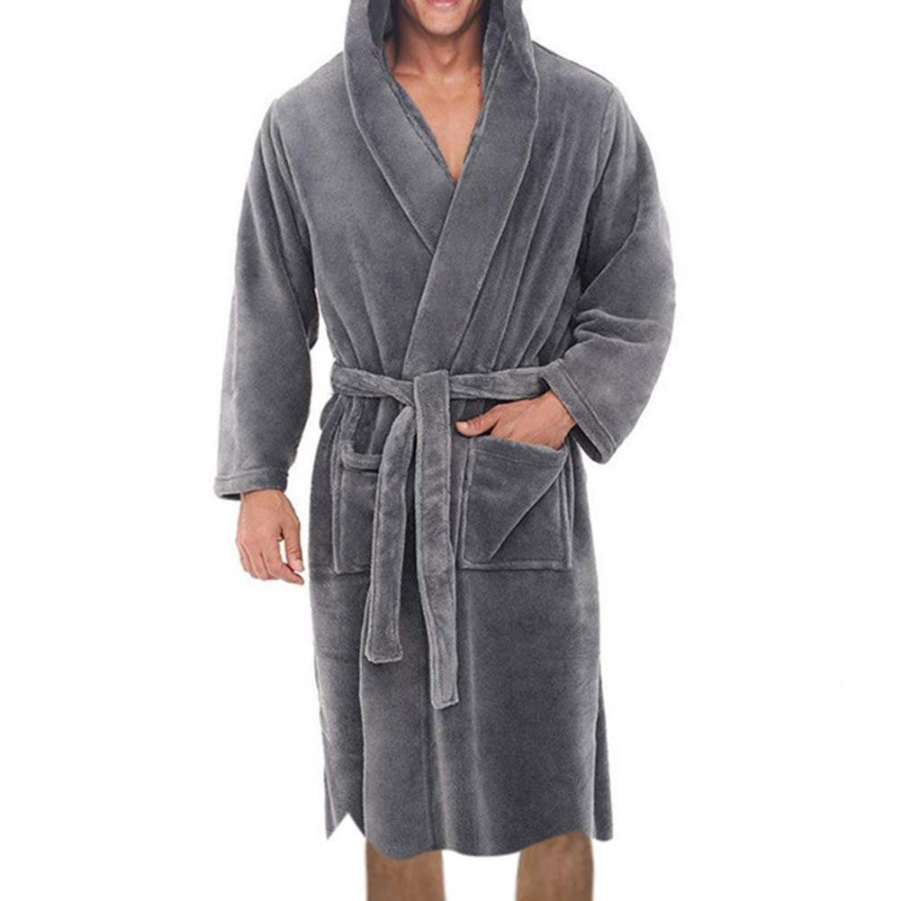 Belt Flannel Bath Robe for Men Hooded Pockets Warm Men Nightgown Men Plush Bathrobe Sleepwear Home Clothes Loose Pajamas Robe
