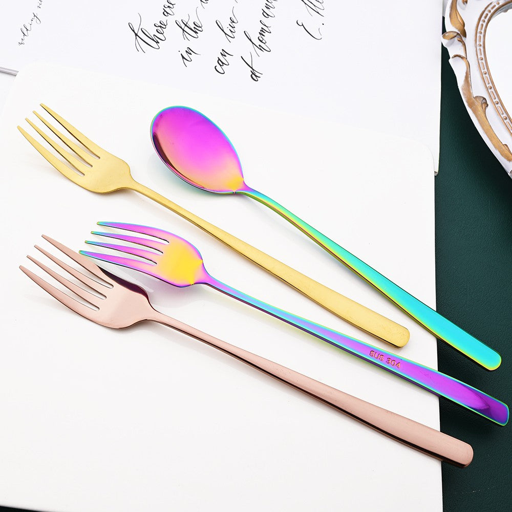 Drmfiy Western 6Set Black Dinnerware 304 Stainless Steel Tableware Long Handle Spoons Chopsticks Metal Korean Silverware Set