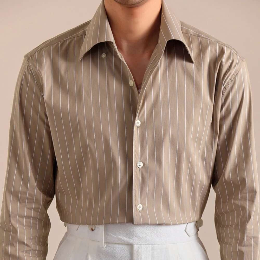 Cotton Blend Striped Casual Italian Style One Piece Collar Long Sleeved Shirt Men High Count Cotton Gentleman Business Shirt Men