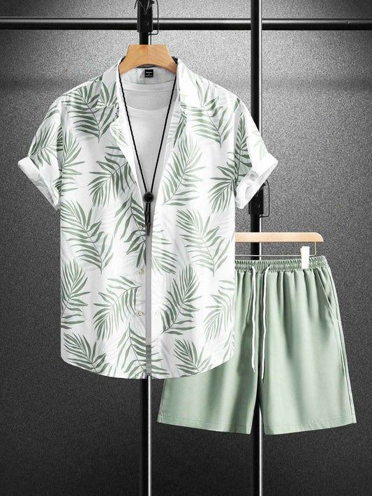 Summer Fashion Men's Suit Elegant Plant Printing Pattern Short-sleeved Lapel Shirt And Drawstring Shorts Leisure Two-piece Suit