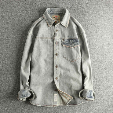 Autumn New American Retro Heavyweight Single Pocket Denim Cargo Shirt Men's Simple 100% Cotton Washed Casual Blouses Thin Jacket