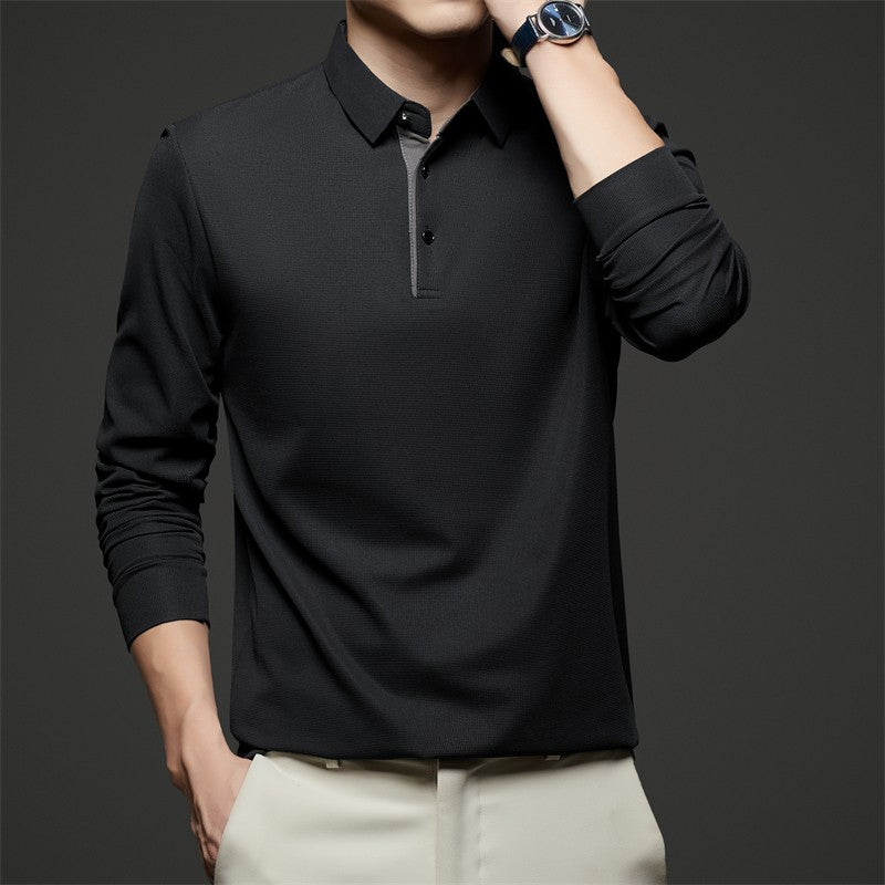 New Men's Business Casual Long Sleeve Solid Color Polo Shirt Fashionable Warm Comfortable Four Seasons Versatile Top