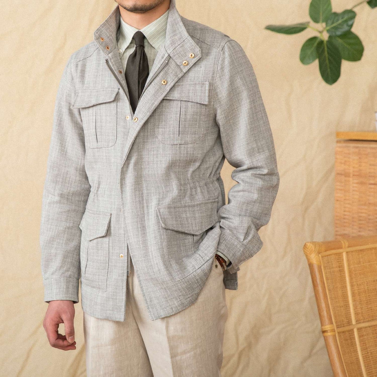 Cotton and Linen Vertical Collar Tight Waist M65 Hunting Jacket Retro All-match Spring and Summer Lightweight Casual Jacket