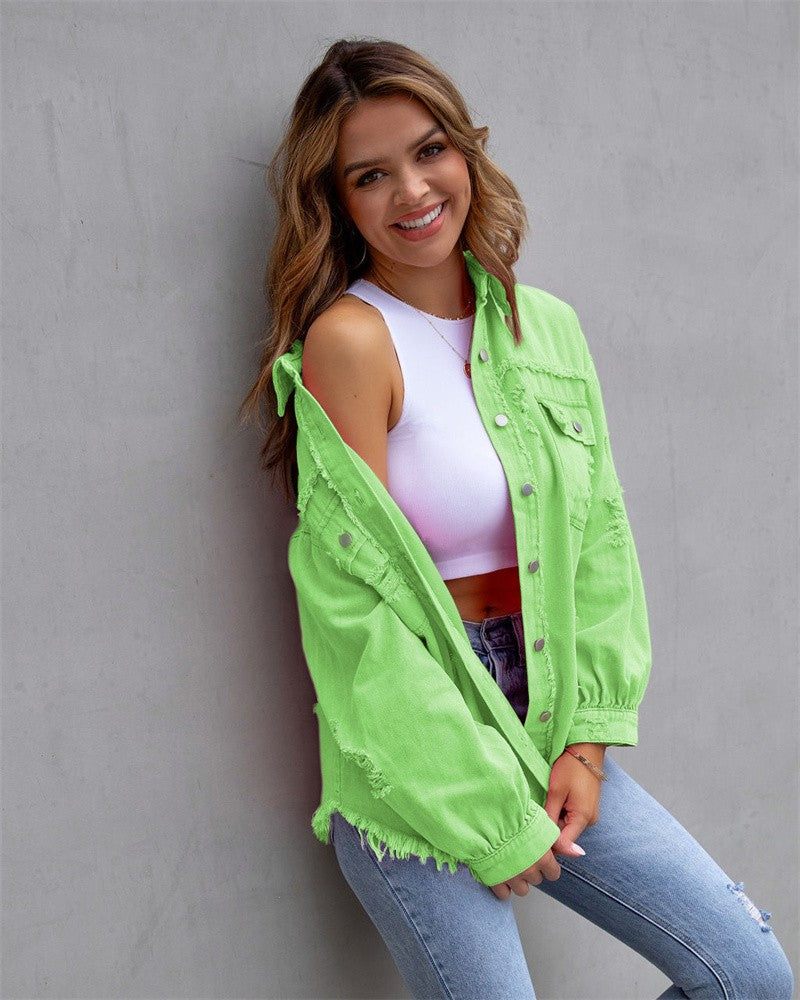 2023 Holes Raw-edges Denim Jacket Women Spring Autumn Shirt Style Jeancoat Casual Top Rose-Red Orange Purple Outerwear Lady Coat