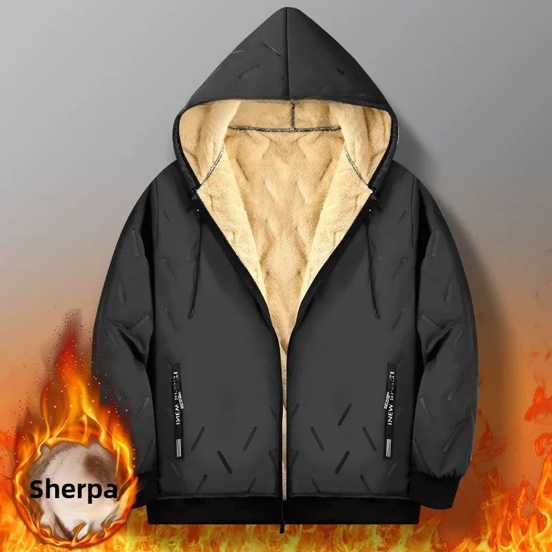 Men's Winter Lamb Velvet Jacket Fleece Lined Cotton Suit Hooded Loose plus Size Warm Cotton Coat Thermal Cotton Clothing