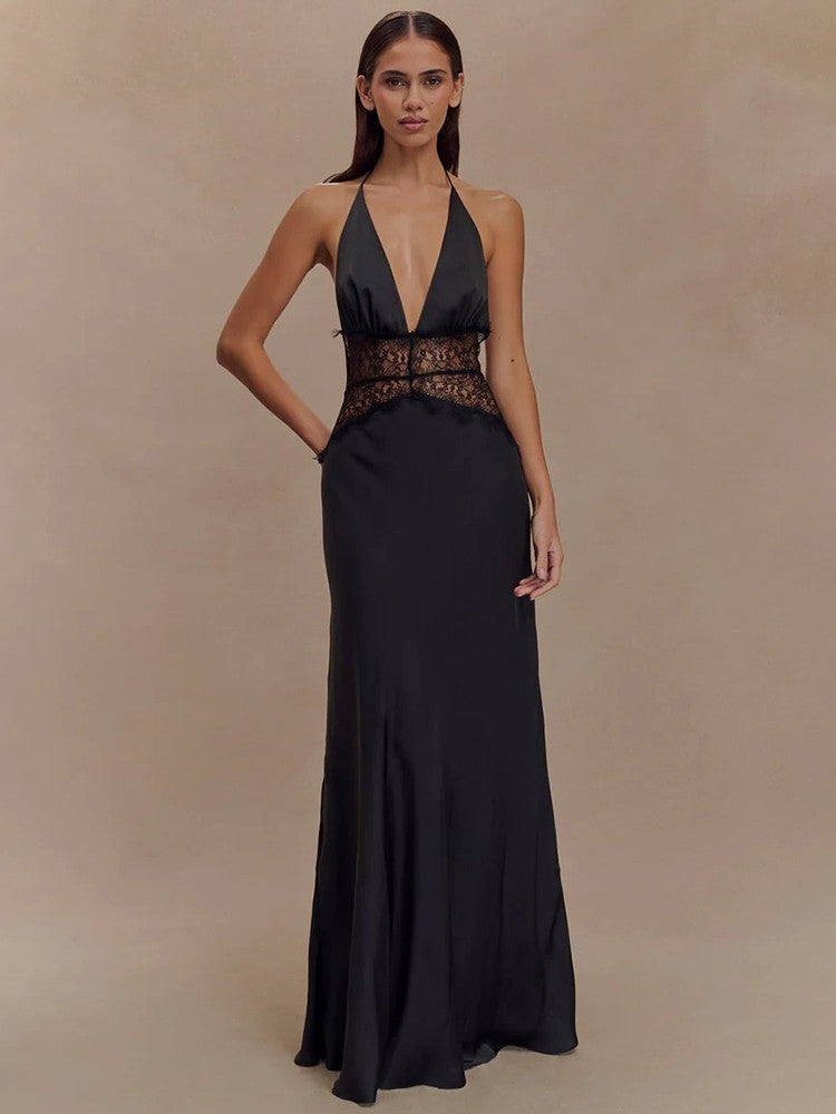 Mozision Summer Backless Sexy Maxi Dress Women Gown Patchwork Lace Halter Deep V