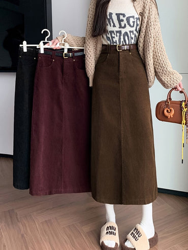 Vintage High Waist Winter Long Skirts For Women Elegant Office Wear Solid Corduroy Pencil Skirt With Belt Wrap Falads Largas