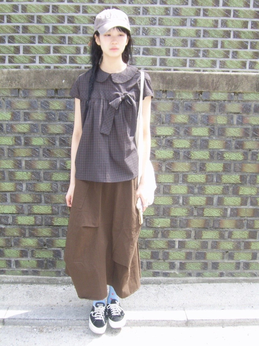 Vintage Plaid Shirts Women Japanese Harajuku Bow Peter Pan Collar Blouses Summer Korean Aesthetic Short Sleeve Casual Tops New