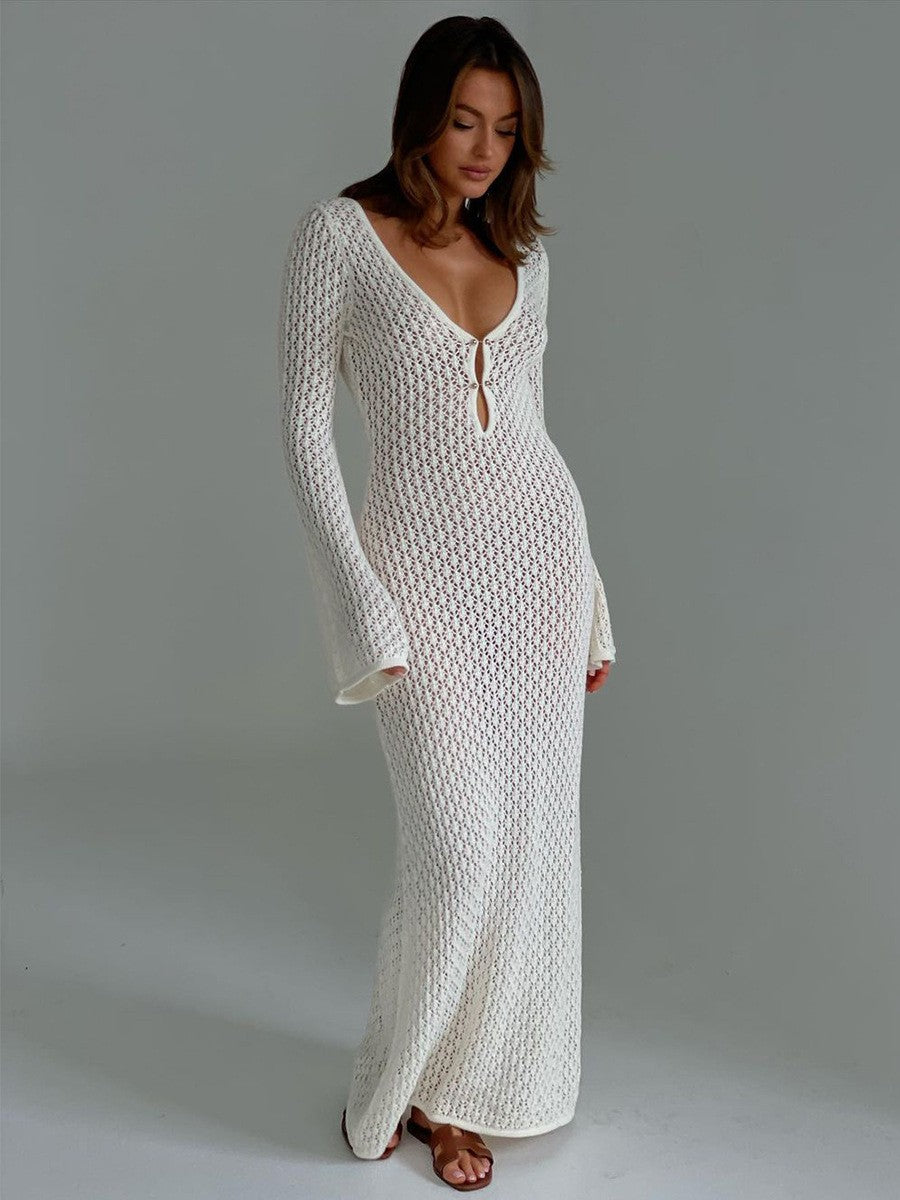 Sexy Women White Long Knit Sleeve Bikin Fashion Cover up Female See-Through Deep