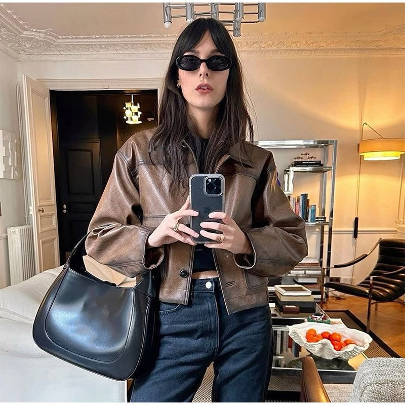 Full Sleeve Cropped Women Casual Slim Thin Motorcycle Coat Chic Zipper Lapel Wine Red Leather Jacket Lady New Highstreet Outwear