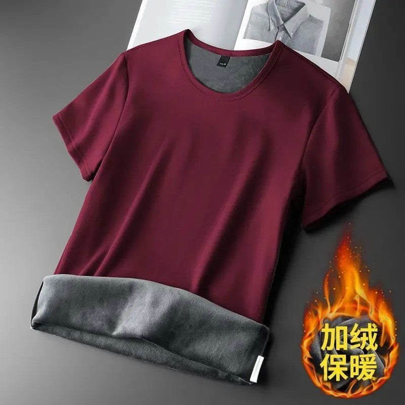 Men Thermal Underwear Tops Fleece Thickened Short Sleeve T-Shirt Keep Warm Tees O-neck Solid Bottoming Shirt Thermo Pullover