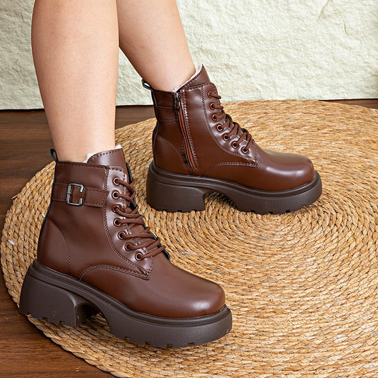 Brown Retro Boots For Women British Style2025Autumn And Winter New Thick-Soled Height-Increasing Short Boots With