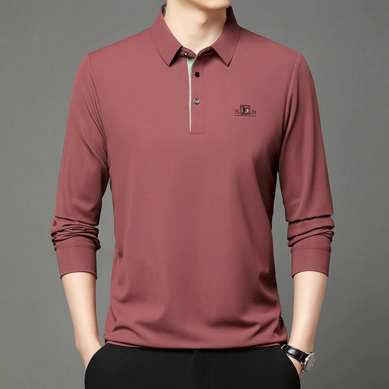 New Men's Business Casual Long Sleeved Shirt with Badge Solid Color Polo Shirt Fashionable Breathable Comfortable Versatile Top