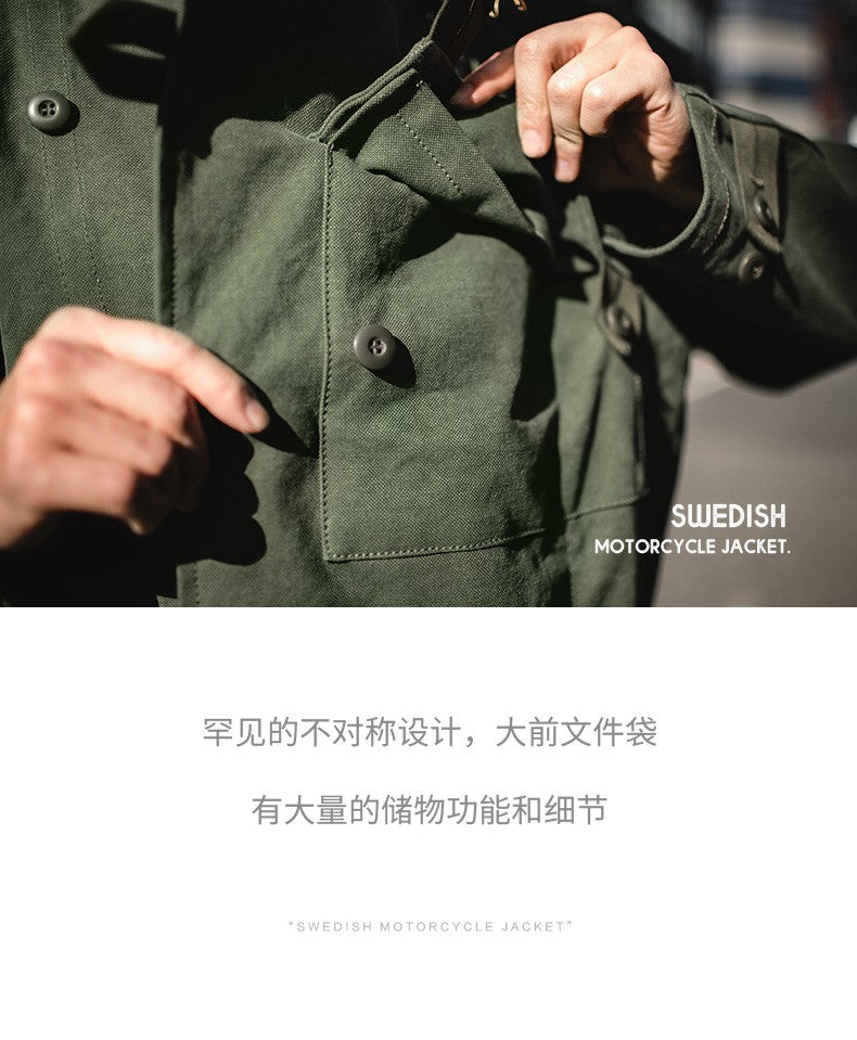 Maden Retro 16oz Canvas Swedish Motorcycle Green Jacket Pocket Bomber Jacket Casual Hunting Work Outwear for Men Spring and Fall