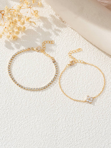 2pcs Simple Cubic Zirconia Flower Water Chain Women's Bracelet Set Daily Office Jewelry