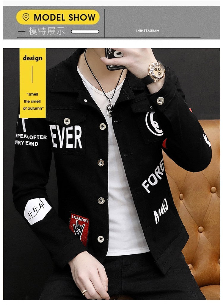 spring autumn New Men's Casual Cotton Denim Jacket Classic Style Fashion Slim Washed Retro Letter printing Jean Casual Coats