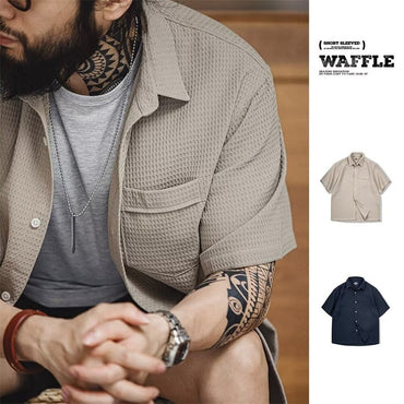 Summer Men's Waffle Short Sleeve Cargo Shirts 2025 New Casual Retro Breathable Lapel Blouse Y2K Vintage Streetwear Tee Shirt
