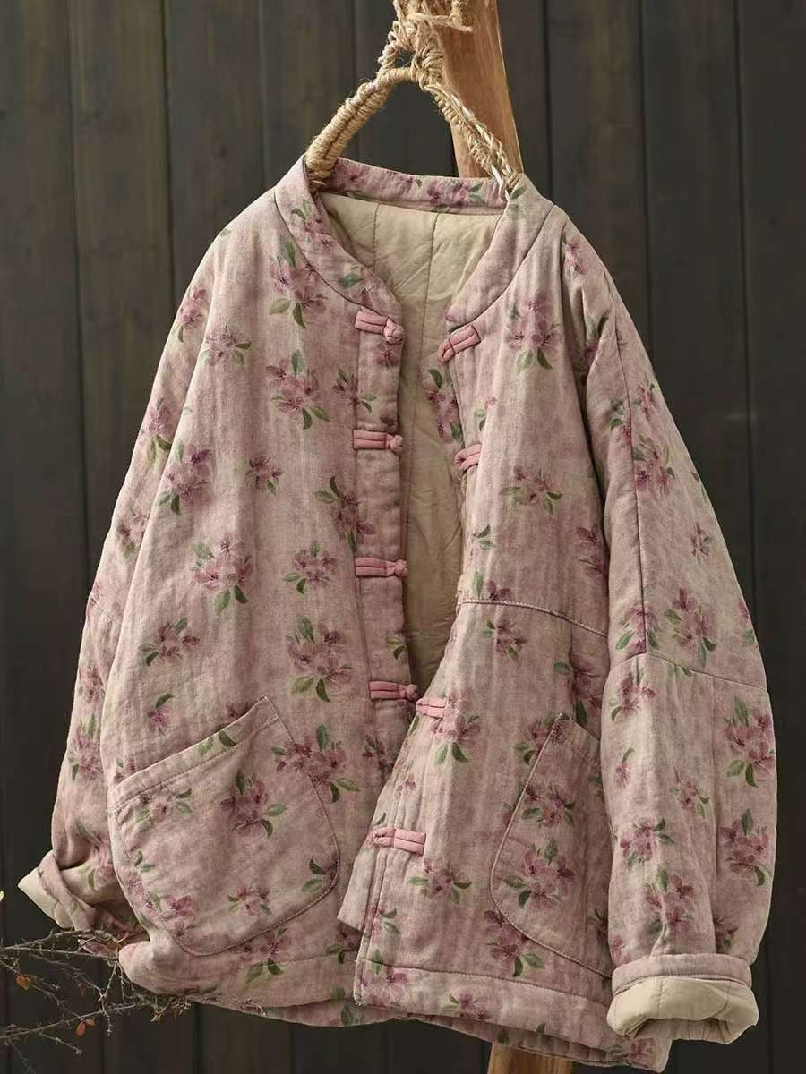 Johnature Vintage Buckle Floral Print Chinese Style Parkas 2025 Woman Winter New Long Sleeves Loose Single Breasted Parkas