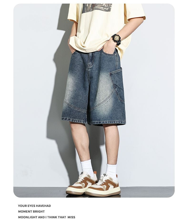 Summer New Baggy Denim Shorts Fashion Casual Straight Harajuku Jeans Male Vintage Wash Drawstring Short Pants Streetwear