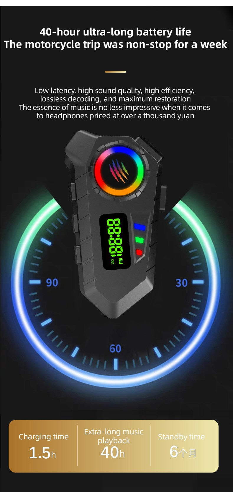 Motorcycle Helmet Headset Bluetooth 6.0 FM Radio Waterproof LCD Display Communication System for Motorbike Riders