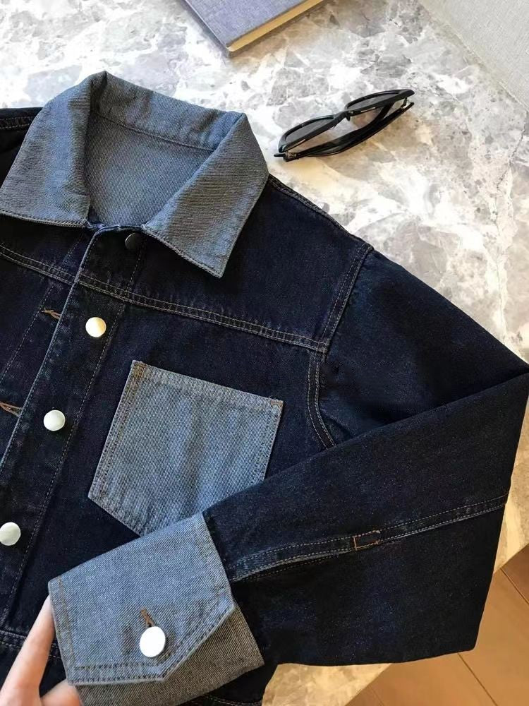 Retro Contrasting Color Laple Denim Jacket for Women 2024 Autumn New Loose Single-breasted Coats Casual Versatile Short Top