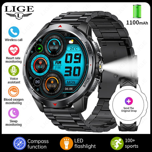 LIGE Novo Smartwatch Masculino com Bateria de 1100mAh para Esportes ao Ar Livre, Lanterna LED, Bússola, Chamada Bluetooth