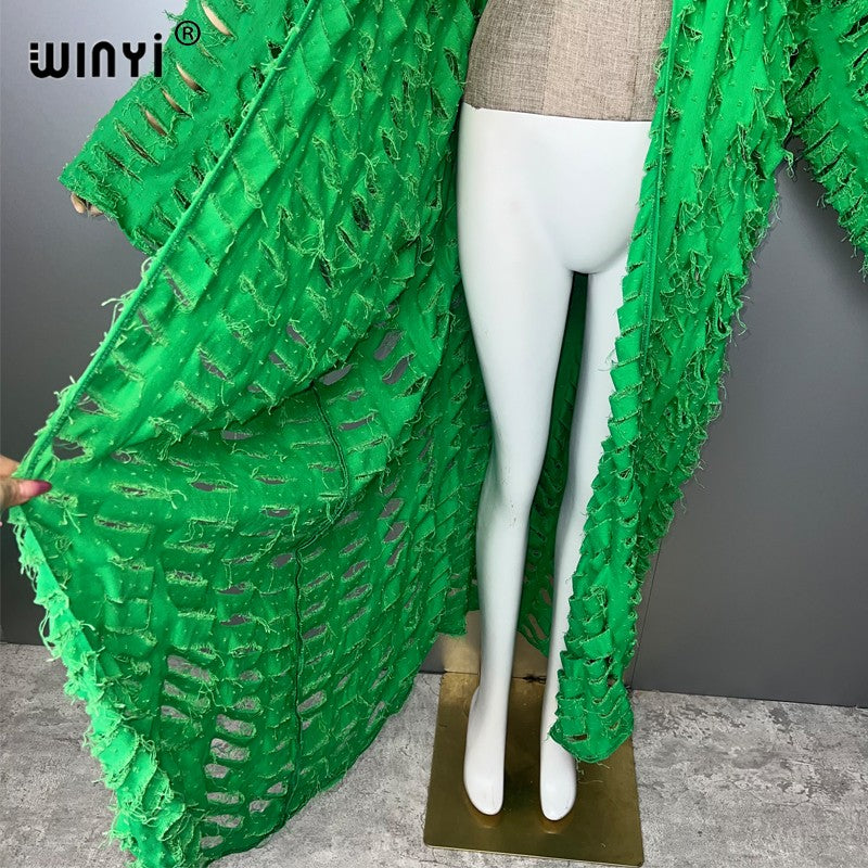 WINYI new maxi kimono coat for women OverCoat hole denim cardigan long down coat cover up beach outfits woman abaya dubai luxury