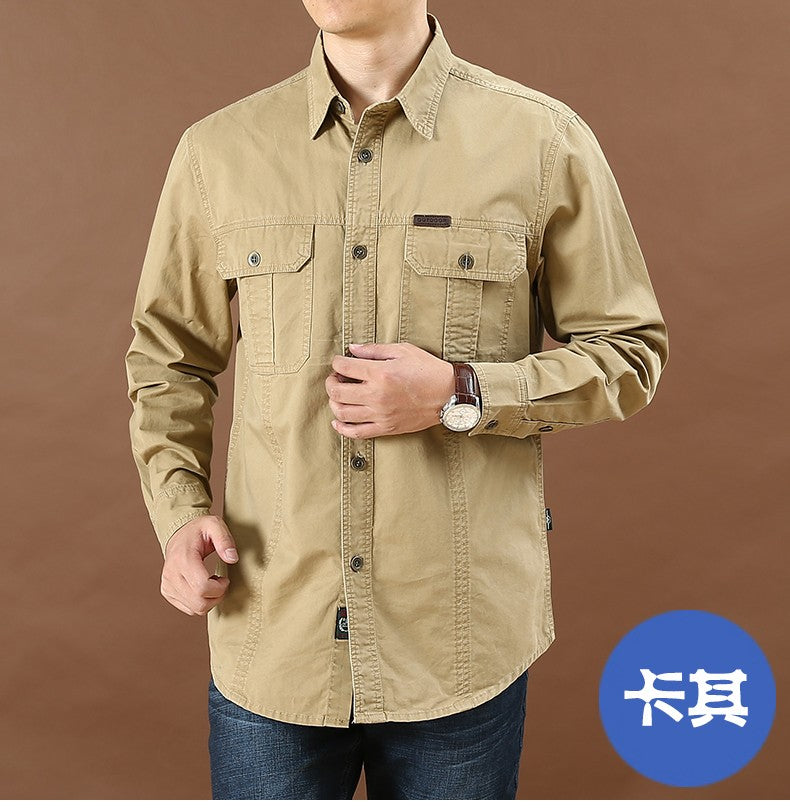 Men Loose Long-sleeved Shirt. New Solid Color Shirt for Middle-aged and Young People in Europe and America in Spring and Autumn