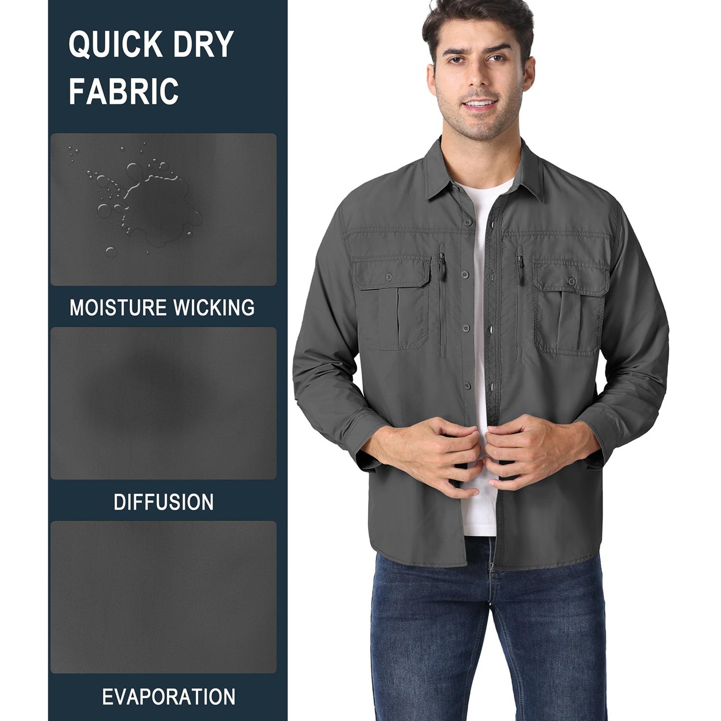 MAGCOMSEN UPF 50+ Mens Quick Dry Cargo Shirts Mesh Breathable Long Sleeve Work Shirts UV block Outdoor Hiking Fishing Shirts