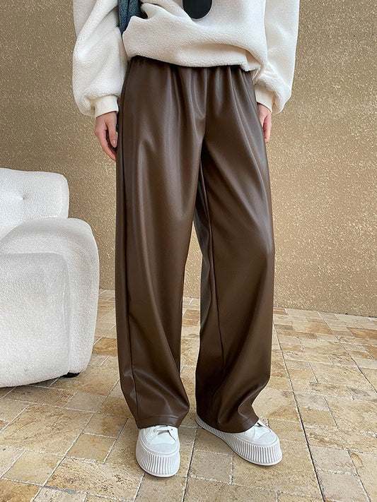 High Elastic Waist Coffee Pu Leather Long Wide Leg Pants New Trousers Women Fashion Tide Spring Autumn