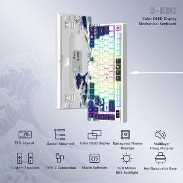 Teclado Mecânico Womier SK80 Gasket Mounted, Teclado Gamer de 81 Teclas 75% com Hot Swap RGB e Tela Inteligente para PC