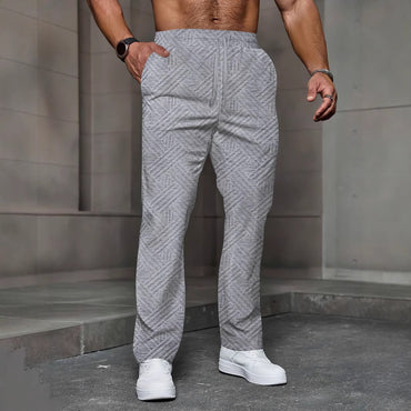Men's Sport Fitness Breathable Casual Pants, Fashionable Jacquard Stretch Waistband Street Pants, Solid Color Loose Straight Pan