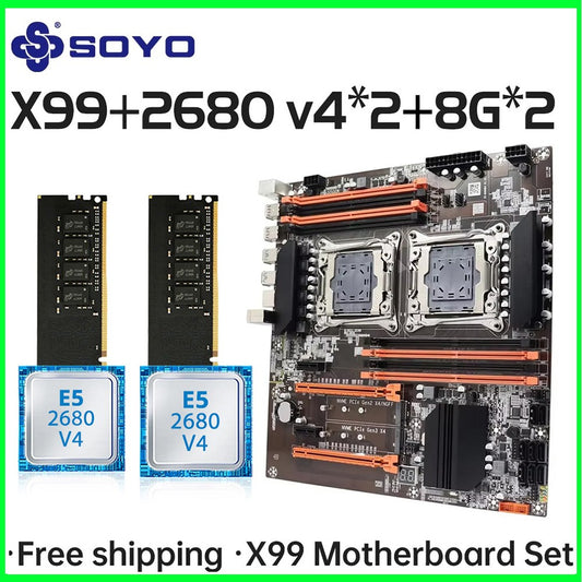 SOYO X99 Dual CPU Gaming Motherboard Kit lntel Xeon E5 2680 V4*2&DDR4 16GB (2*8GB) LGA2011-3 M.2 NVME for Desktop Computer Host
