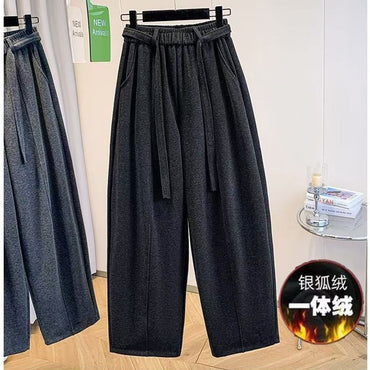 2025 Autumn Winter New All-match Fashionable Solid Color Elastic Waist Wide Leg Pants Women Clothes Casual Drawstring Trousers