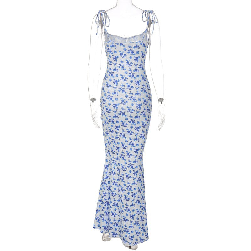 Hugcitar Floral Print Sleeveless Backless Slips Lace Up Maxi Dress Sexy Bodycon