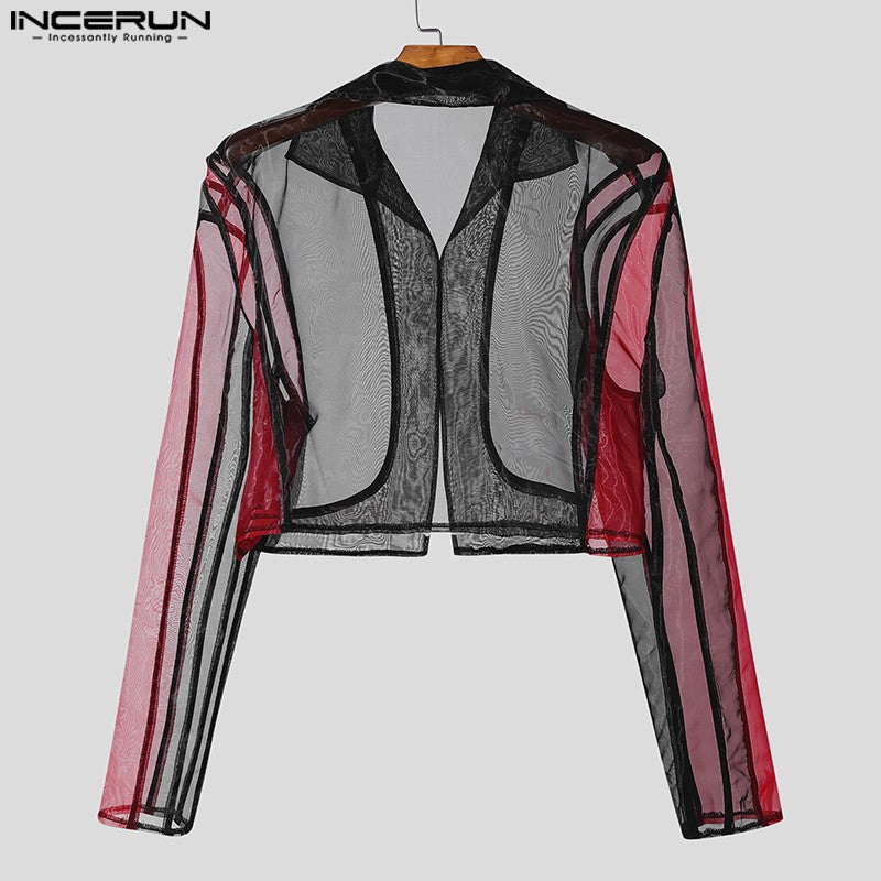 INCERUN Tops American Style Fashion Men Personality Splicing Contrast Color Suit Coat Casual Streetwear Male Long Sleeved Blazer