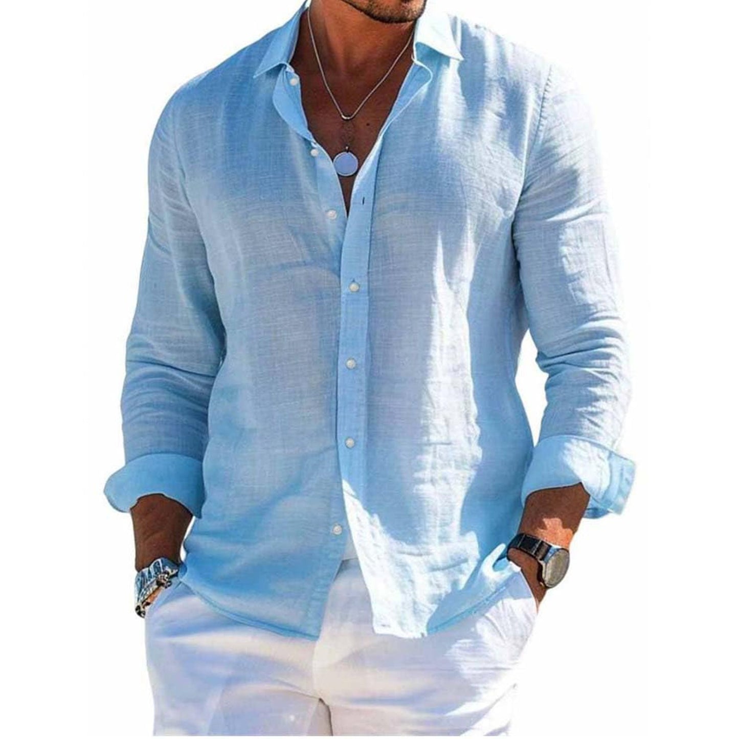 Men's tops long sleeve new style shirt cotton linen cool solid color loose lapel casual beach style cardigan spring and summer