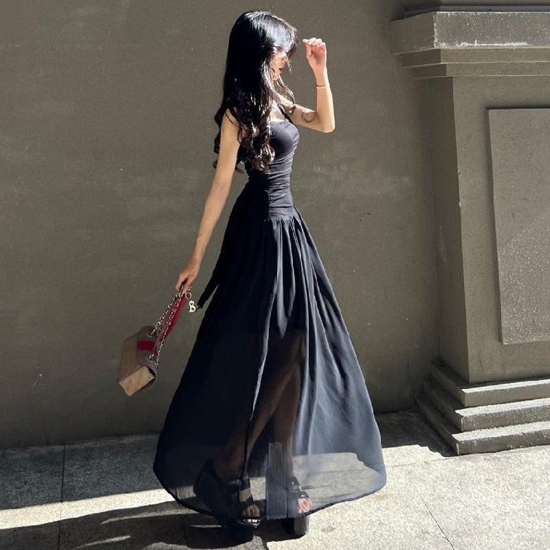 WhereMery Elegant Slip Long Dresses Sexy Women Ruched Bodycon Solid Maxi Dress S