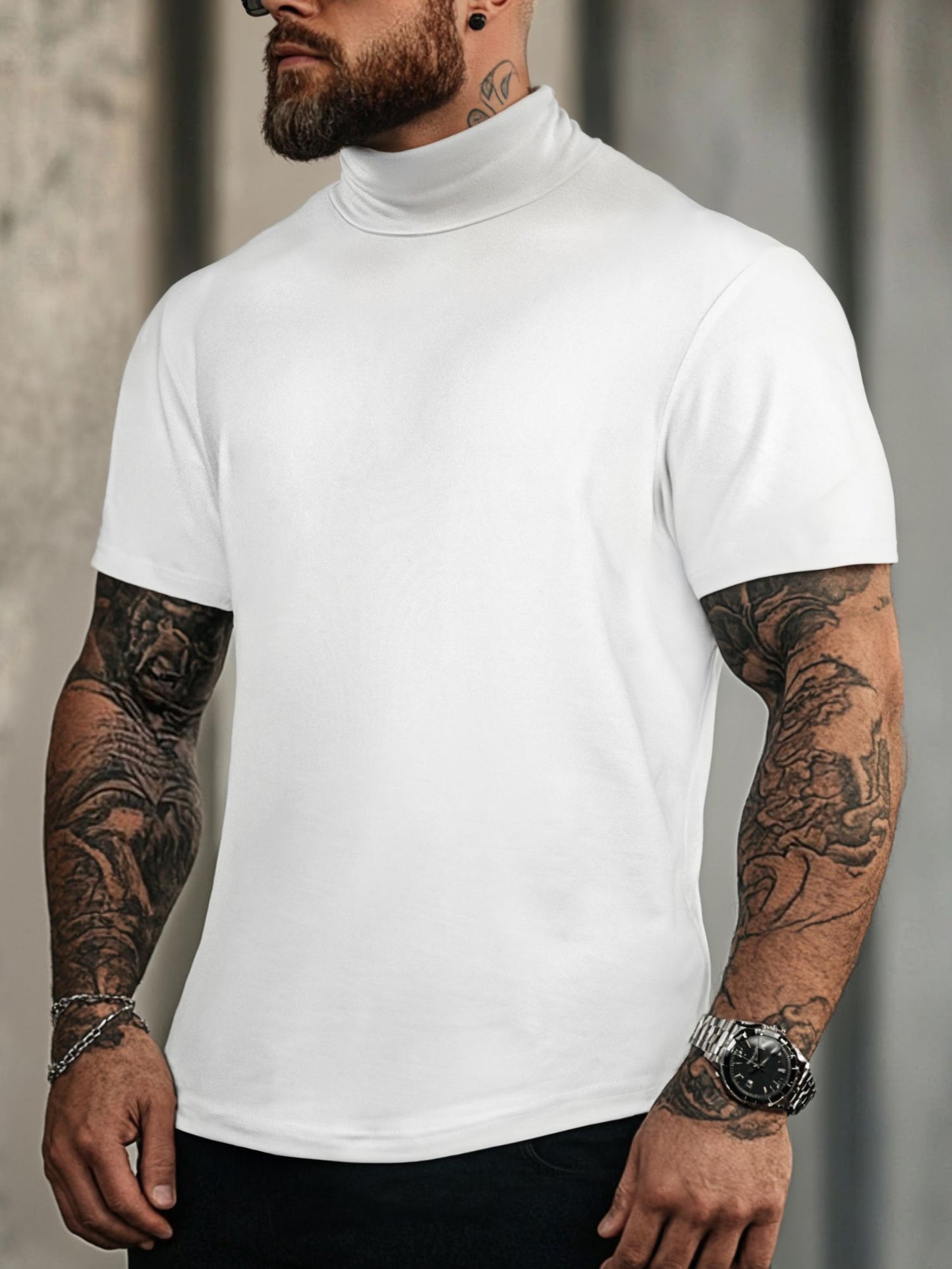 New Bottom Shirt Tees Tops Men Summer Casual Sports Workout Daily Plain High Neck Short Sleeve T-shirt Male Streetwear Clothes