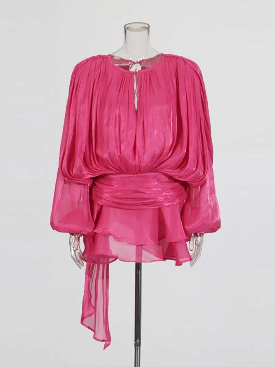 TWOTWINSTYLE Solid Blouse Mini Dresses For Women V Neck Long Sleeve Spliced Lace