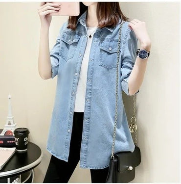 2025 Autumn Winter Medium-Length Slimming Denim Shirt Women's Long Sleeve Underwear Cotton Denim Jacket Plus Size