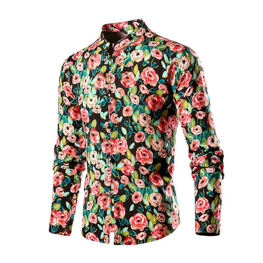 Chinese Style Men's Stand-up Collar Long-sleeved Shirt, Single-breasted Printed Shirts, Fashion Casual Camisas, Red Green Blue