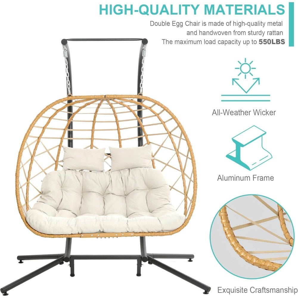 Double Egg Swing Chair with Stand, 2 Person Outdoor Indoor Hammock Hanging Chair with Cushion for Patio Living Room 550 LBS
