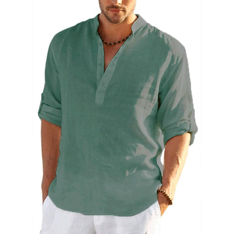 2022 New Men's Linen Long Sleeve T-Shirt Solid Color Loose Casual T-Shirt Long Sleeve Cotton Linen Shirt Plus Size