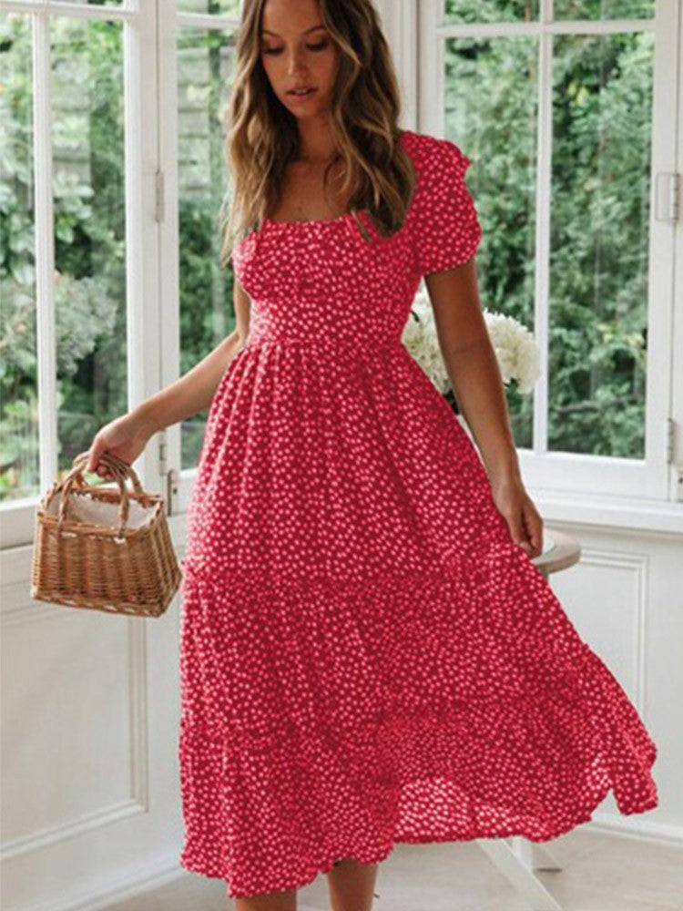Vestidos Vintage Vintage Print Puff Sleeve summer Beach sweet dresses Casual Squ