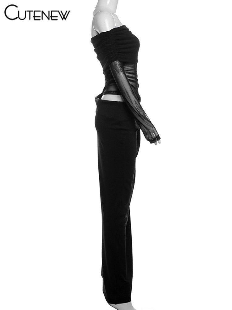 Cutenew Mesh Ruched Women Maxi Dress Sexy See Through Off Shoulder Long Sleeve S