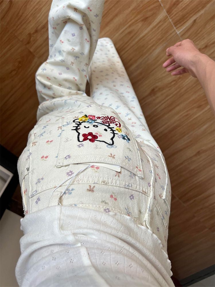 2025 New Women Beige Hello Kitty Floral Print Jeans High Waisted Wide Leg Straight Pants Casual Versatile Y2K Cute Fashion