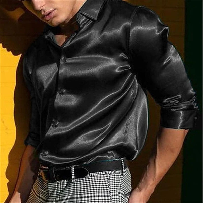 Men's wedding festival shirt solid color black white blue red long sleeve lapel shirt casual loose style fast delivery