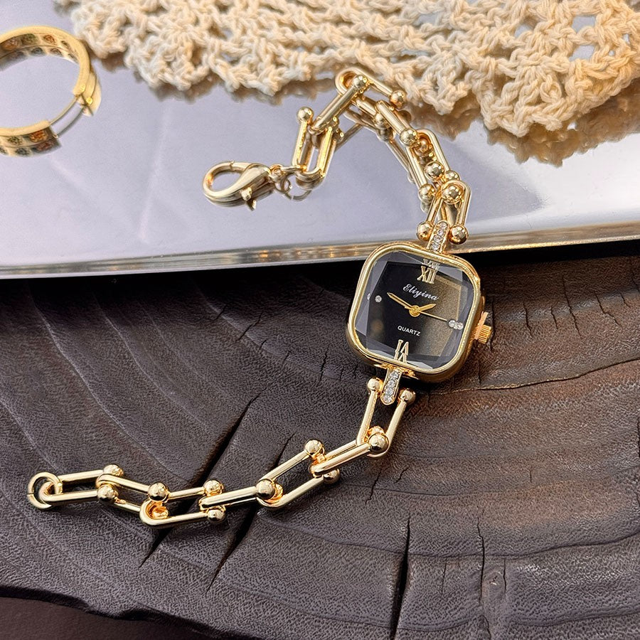 Luxury Minimalist Bracelet Watch Creative Square Multi-Faceted Glass Quartz Movement Chain Mid-century Small High-End Acces